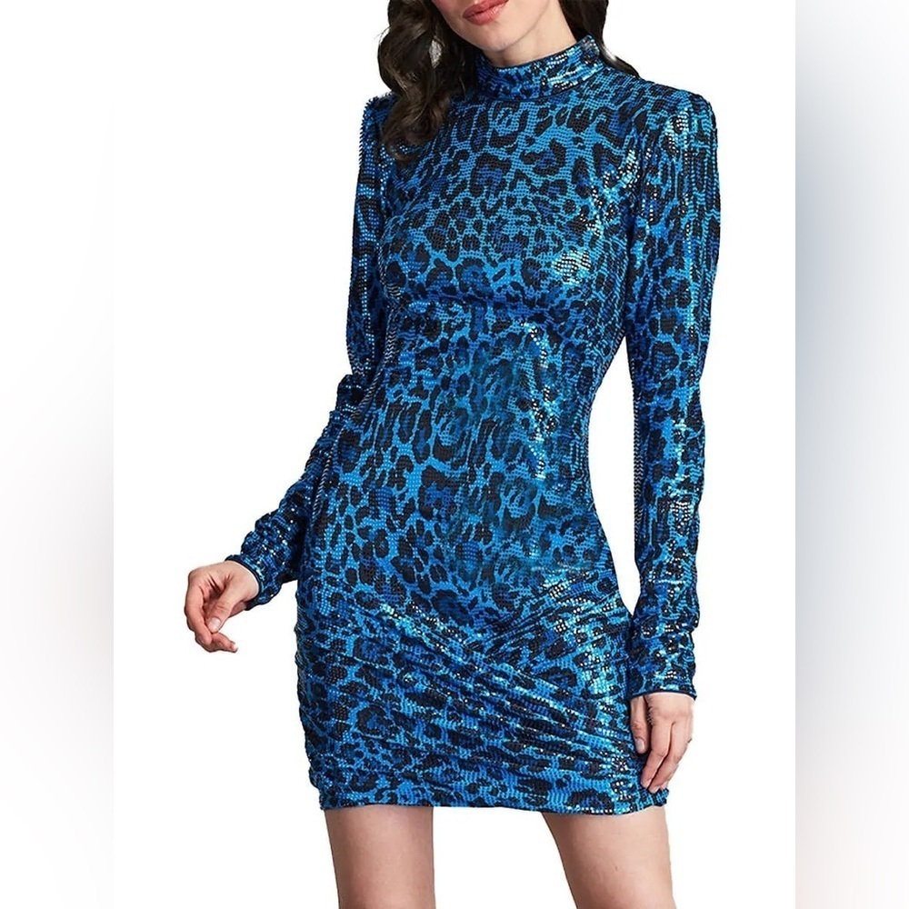 NEW SHO Tadashi Shoji Long Sleeve Mock Neck Leopard Dress Blue Mini Medium NWT